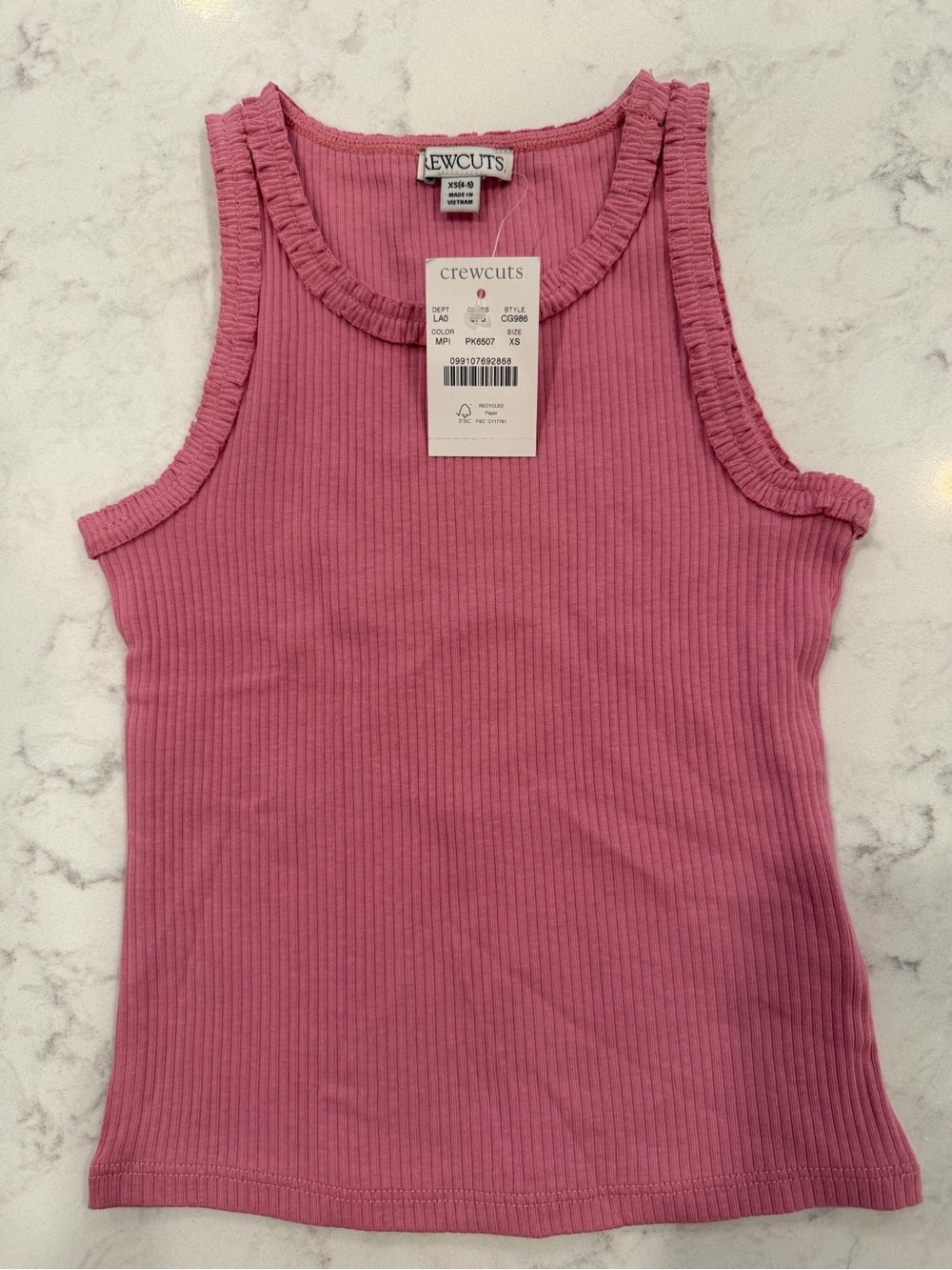 Crewcuts Pink Ribbed Tank Top with Ruffle Trim